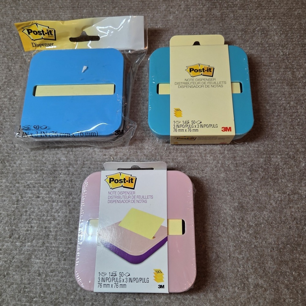 3 Post-it Pop Up Notes Dispensers Pink & Purple + Teal + Blue W/50 3"x3" Notes